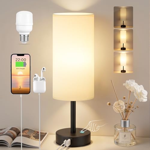 PreeOtti Bedside Lamp Touch Dimmable Table Lamp with USB A+C Charging Function, Linen Fabric Lampshade, Touch Lamp for Bedside Table, Living Room, Bedroom, Children's Room, Office (Includes Bulb)