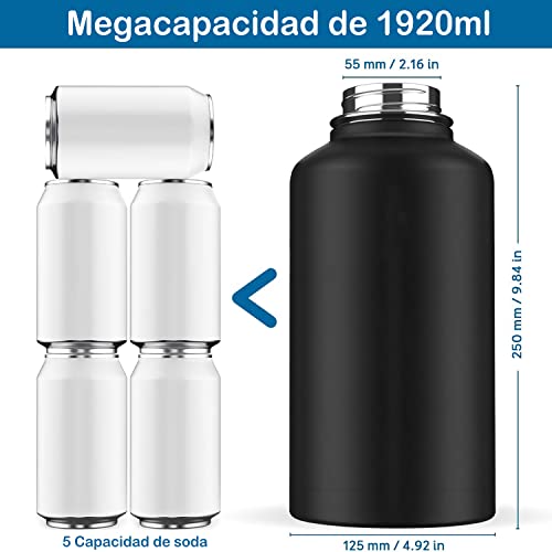 1920ml/64oz Termo de Acero Inoxidable,Termo de Agua con 2 Tapas y con chaqueta de aislamiento, Doble Pared y Tapa Hermética Antigoteo, ara Agua Fría (24 horas) o Caliente (12 horas).