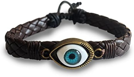 Eli and Andi Evil Eye Braided Brown Leather Bracelet for Men Women Cuff Bracelet Adjustable