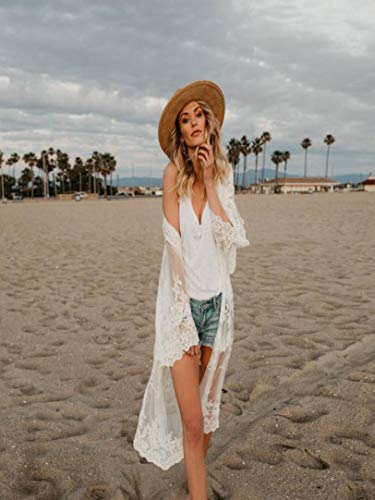 Womens Kimono Cardigan, Women Lace Bohemian Beach Long Oversized Kimono Coat (White, Free Size) - Thumbnail 7