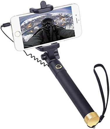 Selfie Stick, Wired iphone Selfie Stick for iPhone 6 Plus /6s/5s/5/6s Plus/4/SE, Samsung Galaxy/HTC /HUAWEI And All Other Android Smartphones ,Battery Free Universal Gold Selfie Stick