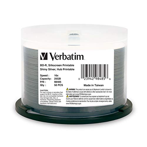 Verbatim BD-R 25GB 16X Shiny Silver Silk Screen Printable, Hub Printable - 50pk Spindle (Best Blu Ray Blank Discs For Burning)