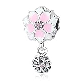 BAMOER New Arrival 925 Sterling Silver Magnolia Bloom Pale Cerise Enamel Beads For Women Bracelet (Magnolia Bloom Charm 3)