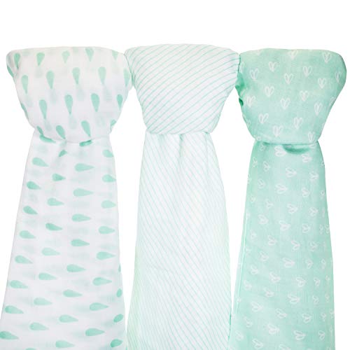 Muslin Baby Swaddle Blankets, 47x47 (3 Pack) Mint Blue and White Collection