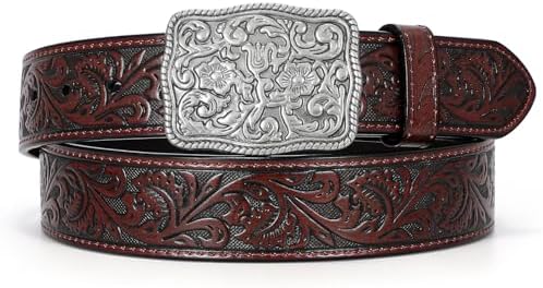 Vintage Western Leather Belt with Rhinestone Ring Buckle, Embossed 1.5\