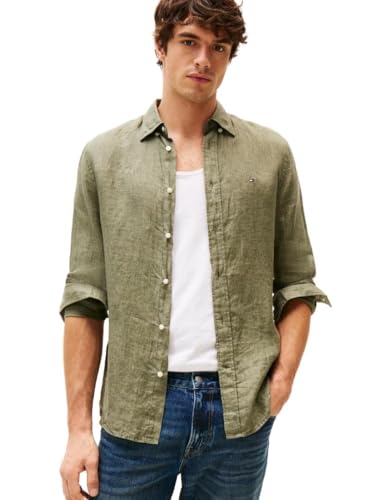 Tommy Hilfiger Men’s Pigment Dyed Linen Regular Long Sleeve Shirts, Battle Green X-Small