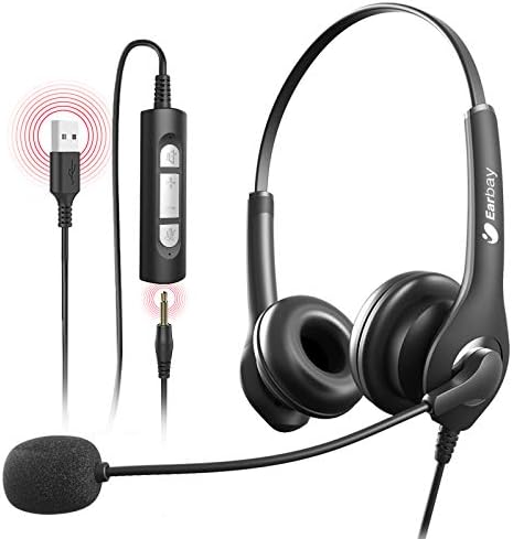 USB Computer Headset With Microphone Noise Cancelling,3.5mm Jack Wired Headphones For Cell Phone,Corded Headphones for call center,270 Degree Mic,Volume Control With Mute,Office Headset For Zoom,Skype