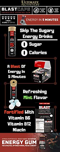 Ultimate Nutrition Blast Caps | Energy Gum, Pre-Workout | Fast Acting, 100mg Caffeine per Chew | Zero Calories, Zero Sugar, Zero Fats | Fortified with B Vitamins | Mint Flavor - 18 Shells (90 Pieces)