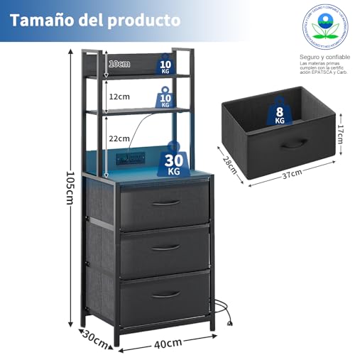 Simple Wisdom Buros para recamara -Mesita De Noche de 6 Niveles,3 cajones Mesa Auxiliar con Estación De Carga de 2 enchufes y Puertos USB y Tira de luz LEDcajón de Tela de Cuero*3. (Negro)