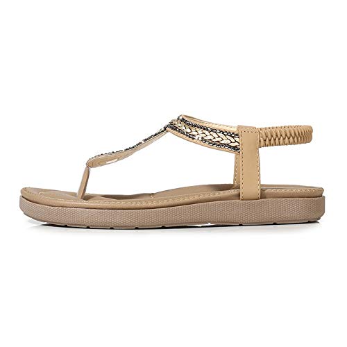 Meeshine Womens Summer Beach Flat Sandals Rhinestone Shiny Beads Slip On Flip Flops Thong Shoes(9 B(M) US,Beige 07)