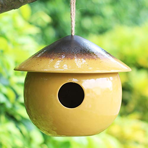 Tenforie Ceramic Birdhouses Bird Hut Hanging Hummingbird Nest for Outdoor -Yellow