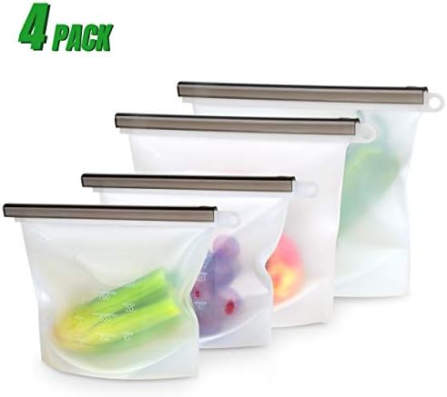 Reusable Silicone Food Storage Bags,BPA FREE,Food Grade Silicone Bags,Airtight Seal Food Preservation Bags for Snack,Liquid, Sandwich, Fruit, Lunch and Microwave Freezer Dishwasher Safe (Pack Of 4)