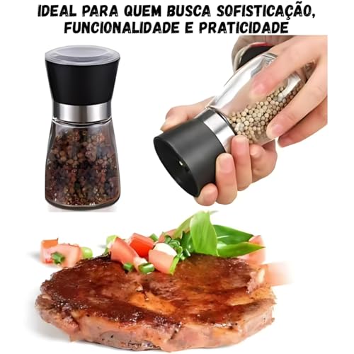 Kit 2 Moedor Triturador Giratório de Sal Pimenta Premium em Vidro Aço Inoxidável para Grãos Condimentos Secos Temperos Saleiro Pimenteiro de Mesa Ideal Cozinha Restaurante Hamburgueria