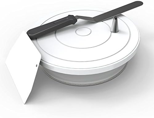 iCakper 11 Inch Rotating Cake Turntable with 12.7'' Angled Icing Spatula, Icing Smoother and Icing Tip, Revolving Cake Stand White Banking Cake Decorating Supplies