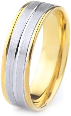 10k Gold Men's Two Tone Wedding Band with Center Polished Groove Polished Edges & Satin Finish (8mm)
