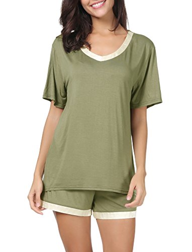 Invug Women Short Sleeve T Shirt and Shorts Pajamas Sleepwear Set Loungewear Army Green XL - Thumbnail 4