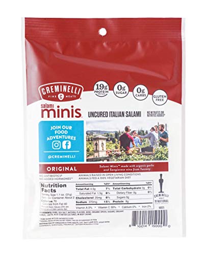 CREMINELLI Orginal Salami Mini Snacks, Humanely-Raised U.S. Pork, Keto & Paleo Friendly, 19g of Protein - Sugar Free, Gluten Free, No Added Nitrates or Nitrites (Original, 2.6oz Singles)