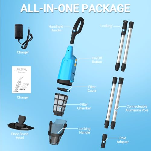 Cordless Handheld Pool Vacuum for Above Ground Pool, 18GPM Powerful Suction/87” Extension Pole/60Mins Runtime, Spot Fast Cleaning Pool Vacuum Cleaner for Spas Inground Above Ground Pool Vacuums (Blue)