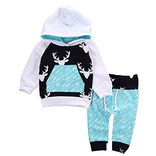 Toddler Infant Baby Boys Deer Long Sleeve Hoodie Tops Sweatsuit Pants Outfit Set (0-6Months, Sky Blue)