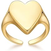 Classic Dome Heart Statement Ring for Women Open Band Stylish Stackable Wide Polished Gold Big Love Comfort Fit Knuckle Finger Rings Adjustable Wedding Promise Engagement Party Fashion Jewelry for Her