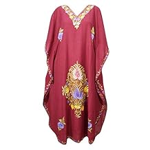 Mogul Interior Womens Caftan Maxi Dress Maroon Embroidered Kimono Kaftan One Size