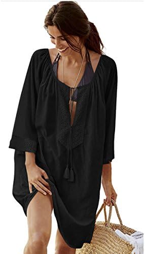 TAORE Womens Tops Women Vintage Lace Cotton Blend Mesh Bikini Long Cover Up Beach Tassels Swim Dress (XL, Black)