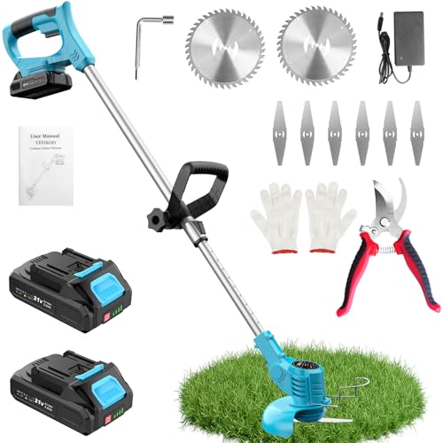 Débroussailleuse Electrique sans Fil 21V, Coupe Bordure sans Fil avec 2 Batteries 2.0Ah, 2 Types de Metal Lames Débroussailleuse Batterie, Sécateur de Jardin, Poignée Réglable pour Élagage (Bleu)