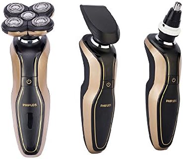 PHIPUDS Electric Shaver Wet &amp; Dry 3 in 1 Rechargeable 5D Floating Electric Razor Bald Head Clipper with Sideburn &amp; Nose Hair Trimmers and Charging Base Fully Washable Golden