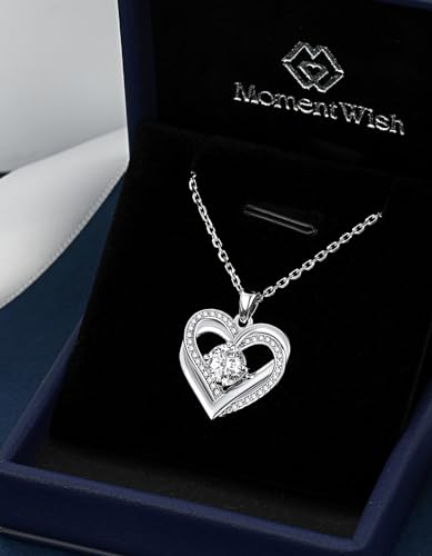MomentWish Women's Necklace, 1 Carat Moissanite Heart 925 Silver Pendant Chain with Diamond Gift for Women Girlfriend Mother