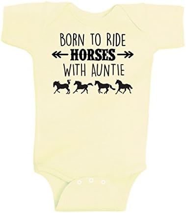 Equestrian Creations Born To Ride Horses With Auntie, Short Sleeve Horse Bodysuit, Baby Boy or Girl (6 Months, Banana)