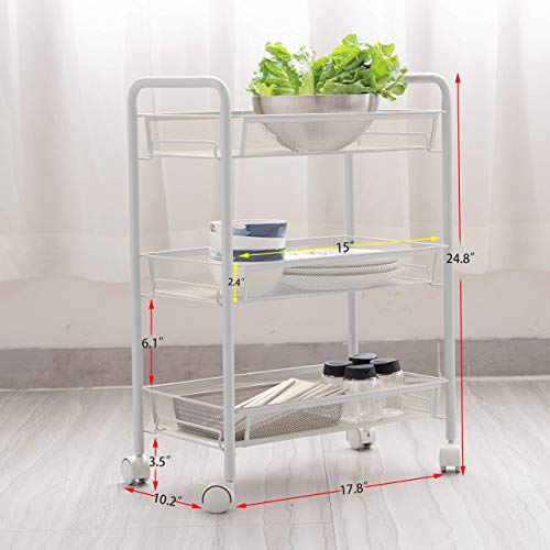 Iris'Home Easy Assemble 3-Tier Bathroom Cart, Small Rolling Cart, Office File Cart, Kitchen Storage Cart on Wheels, Utility cart, Storage Rack, Mesh Designing -White