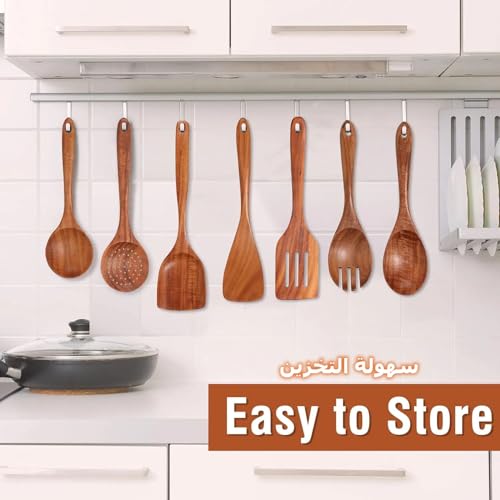 CENXI Cooking Wooden Spoons, 9 Piece Natural Teak Wooden Kitchen Utensil Set with Spoon Rest, Comfort Grip Cooking Spoons and Utensils Holder