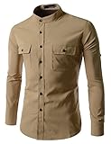 TheLees Men's Slim Stretchy Roll Up Long Sleeve China Collar Shirt