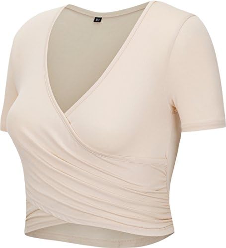 Aiveve Short Sleeve Shirt for Women Yoga Sports Fitness Exercise Deep V Neck Cross Wrap Crop Casual Tops Beige-S