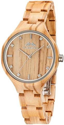 AMEXI Women's Fashion Olive Wood Watch Dial Inlaid Crystal Handmade Wooden Watch Casual Classic Quartz Watch