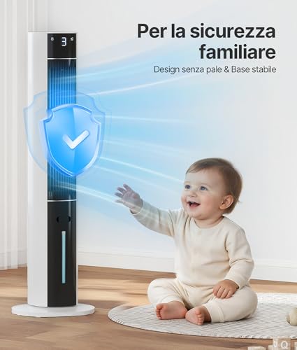 EXNOS Ventilatore a torre con raffreddamento ad acqua – ventilatore a piantana con telecomando silenzioso, aria condizionata mobile senza tubo di scarico, 3 modalità e gradini, aroma timer 12H, Bianco