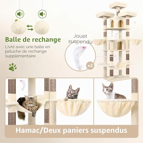 Globlazer Large Beige Cat Tree XXL Height 204 cm with 3 Padded Perches, 2 Kennels, 2 Baskets, Hammock, Stable Cat Tower for 3-5 Adult Cats Rest Play Scratching (F80, Beige)
