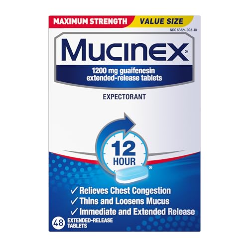 MUCINEX 12 HOUR MAXIMUM STRENGTH 1200 MG GUAIFENESIN EXTENDED-RELEASE TABLETS FOR EXCESS MUCUS RELIEF, EXPECTORANT AIDS EXCESS MUCUS REMOVAL, CHEST CONGESTION RELIEF FOR ADULTS, 48 TABLETS
