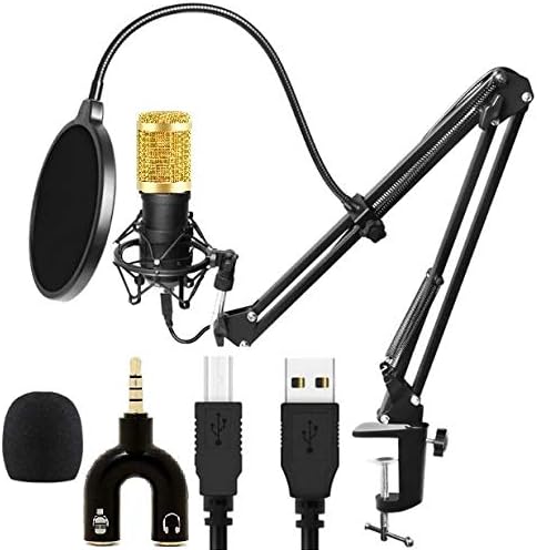 Techtest Bm800 Condenser Usb Microphone Kit Podcast Pc Cardioid Studio Singing Recording Set for Gaming Mic Stand with Pop Filter Boom Arm Shock Mount 7.1 Channel Usb External Sound Card Audio Adapter