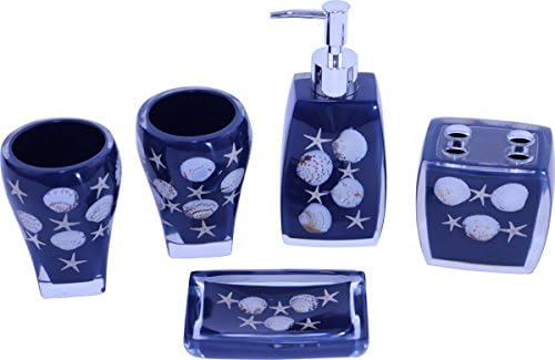 Chabaline 5-Piece Navy Blue Ocean Theme Bathroom Toothbrush Holder, 2 Tumblers, Soap/Lotion Dispenser Pump Bottle, Toothbrush Holder, And Soap Dish