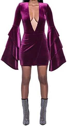Nashion Womens Long Ruffle Sleeve Velvet Deep V Neck Club Party Sexy Bodycon Mini Dress Purple,XX-Large
