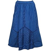 Mogul Interior Women's Skirt Blue Embroidered Flared Rayon Gypsy Skirts
