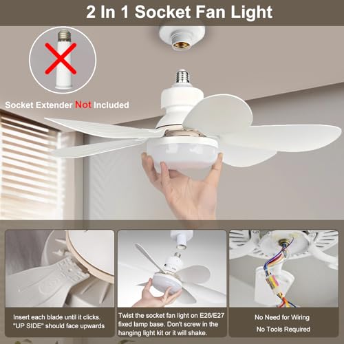 DBFAIRY 52cm Ceiling Fans with Lights, E27 Base Screw in Small Ceiling Fans Lights with Remote Timer 3 Colors Dimmable, 3 Speeds, 3000K-6500K LED Light for Bedroom Kitchen Office Dormitory
