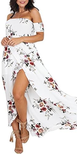 Shineya Women's Floral Boho Off The Shoulder Maxi Shirred Beach Party Dress White 2XL