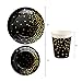 Black and Gold Party Supplies- Disposable Fancy Party Plates and Cups with Gold Foiled Confetti Polka Dots- 9