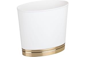 mDesign Oval Slim Decorative Trash Can with Accenting Base, Wastebasket for Bathroom, Bedroom Holds Garbage, Waste, Paper, Recyclables - Hyde Collection - White/Soft Brass