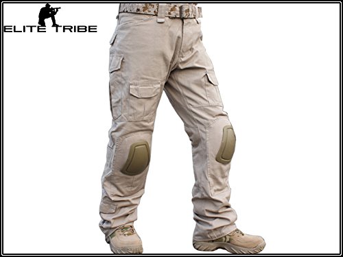 Men Military Tactical Series Airsoft Paintball Hunting Trouser Combat BDU Pants with Knee Pads Tan (Tan, L)