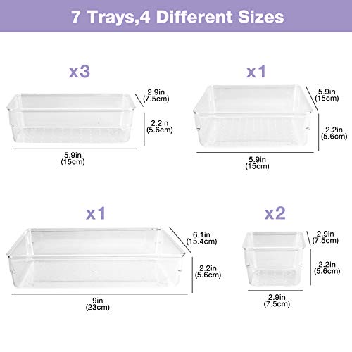 Puricon Desk Drawer Organizers (7 Pieces), Clear Versatile Polystyrene Storage Bins Vanity Trays Makeup Organizer Dividers for Bedroom Dresser Bathroom Kitchen Office -Clear