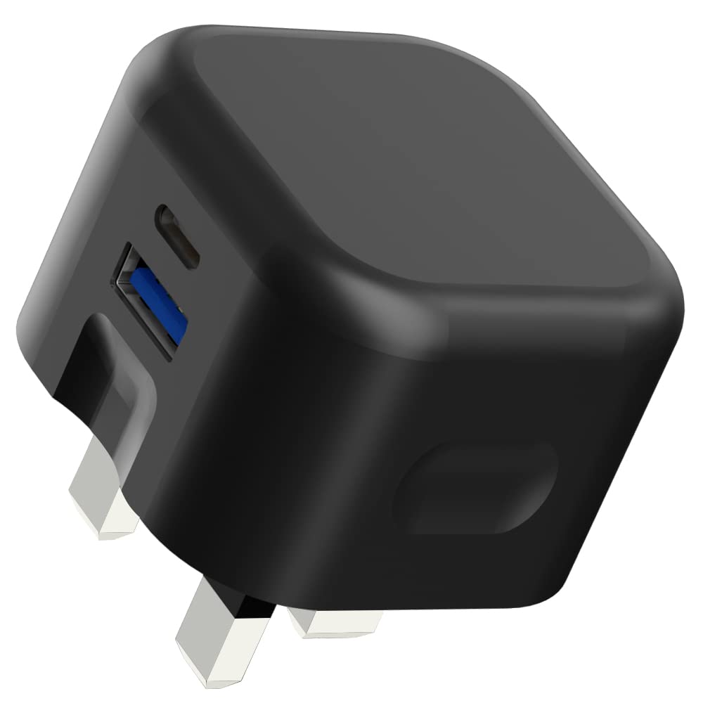 For iPhone 17e/17/Air/17 Pro/17 Pro Max/16e/16/16 Plus/16 pro/16 pro Max/15/15 Plus/15pro/15proMax/14/14 Plus/SE 2022 USB Charger Plug UK 3 Pin 20W Dual Ports Fast USB Type C Charger (BLACK)