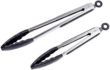 FindNew Silicone Kitchen Tongs, Non- Stick,Stainless Steel, Heat Resistant Cooking Tongs For BBQ,Cooking,Salads,Serving Or Fish Turning,Set of 2(9,12 inches,Black)